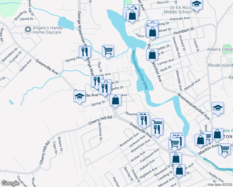 map of restaurants, bars, coffee shops, grocery stores, and more near 63 Lafayette Street in Johnston