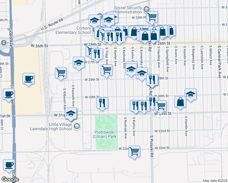 map of restaurants, bars, coffee shops, grocery stores, and more near 2833 South Keeler Avenue in Chicago
