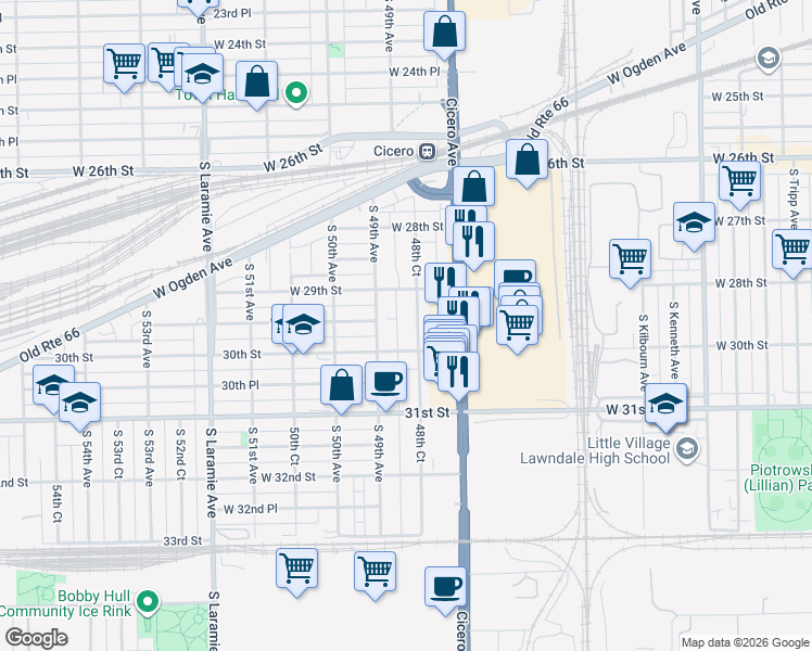map of restaurants, bars, coffee shops, grocery stores, and more near 2920 48th Court in Cicero