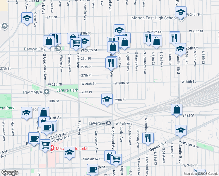 map of restaurants, bars, coffee shops, grocery stores, and more near 2803 Ridgeland Avenue in Berwyn