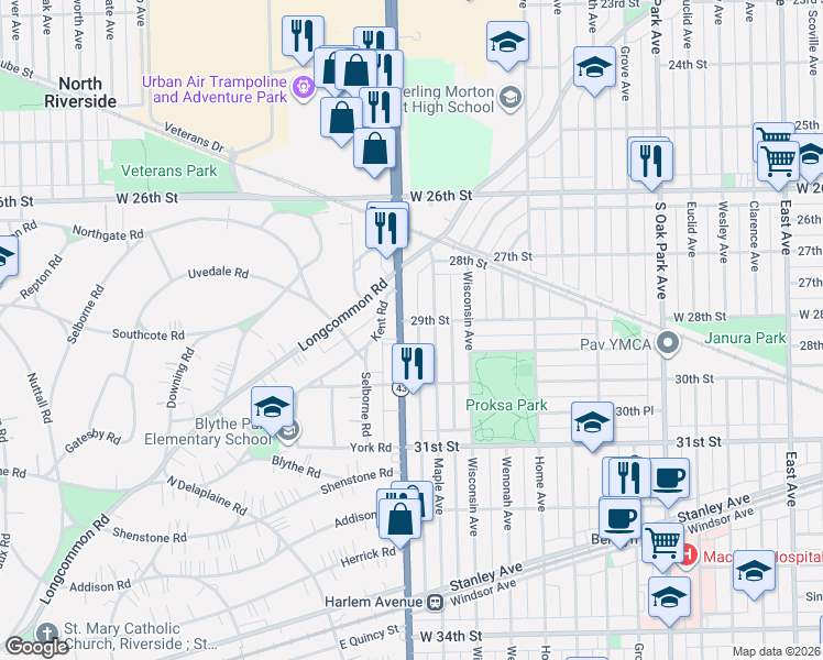 map of restaurants, bars, coffee shops, grocery stores, and more near 2845 South Harlem Avenue in Berwyn