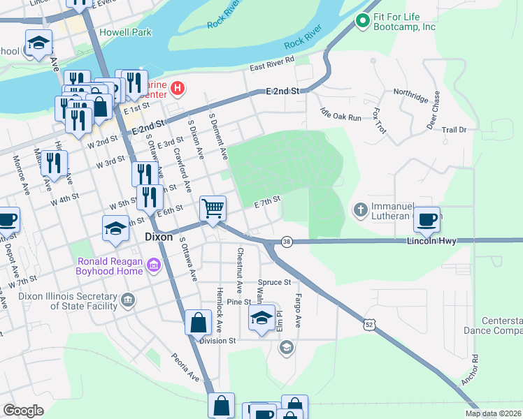map of restaurants, bars, coffee shops, grocery stores, and more near 600 East 7th Street in Dixon
