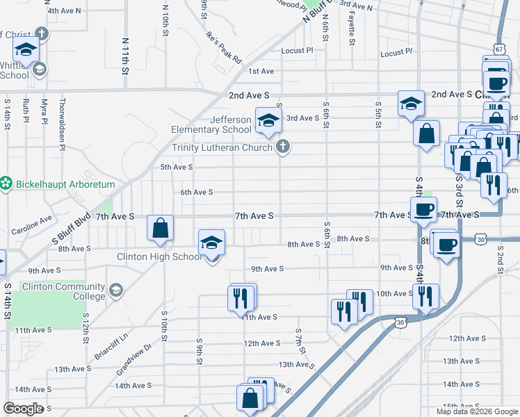 map of restaurants, bars, coffee shops, grocery stores, and more near 725 6th Avenue South in Clinton
