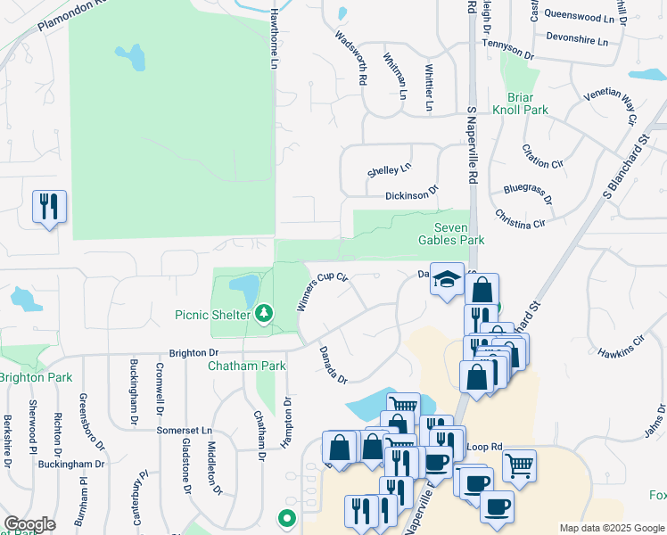map of restaurants, bars, coffee shops, grocery stores, and more near 37 Winners Cup Circle in Wheaton