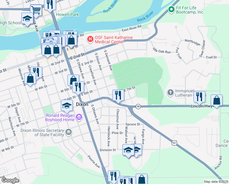 map of restaurants, bars, coffee shops, grocery stores, and more near 423 East 7th Street in Dixon
