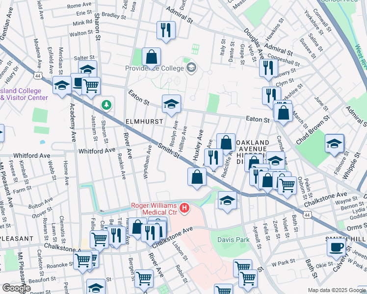 map of restaurants, bars, coffee shops, grocery stores, and more near 26 Hilltop Avenue in Providence