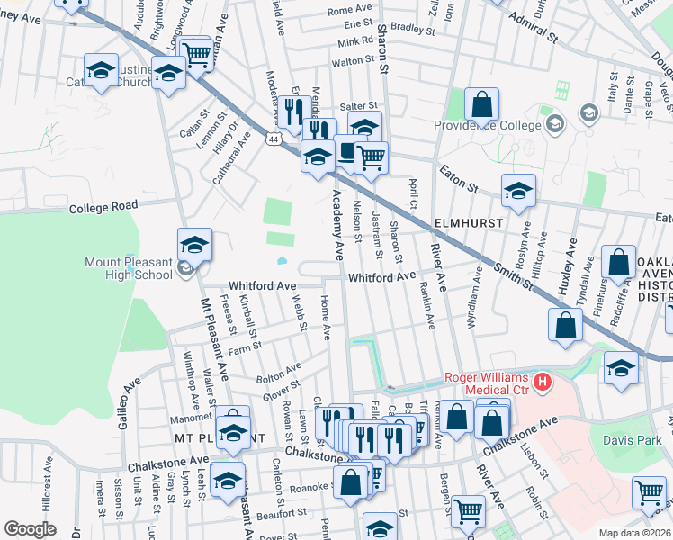 map of restaurants, bars, coffee shops, grocery stores, and more near 1 Elmcroft Avenue in Providence