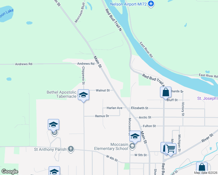 map of restaurants, bars, coffee shops, grocery stores, and more near 15461 Main Street in Buchanan