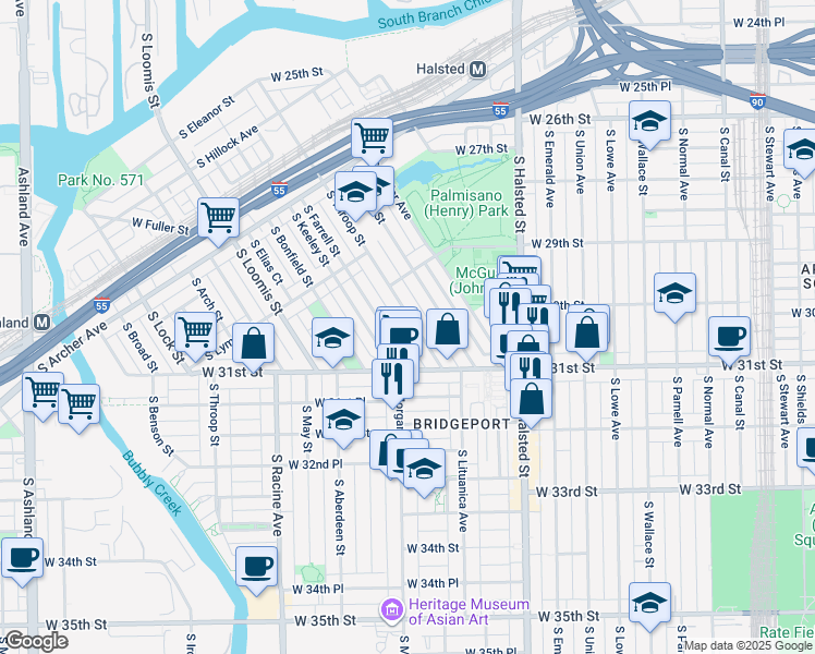 map of restaurants, bars, coffee shops, grocery stores, and more near 3004 South Throop Street in Chicago