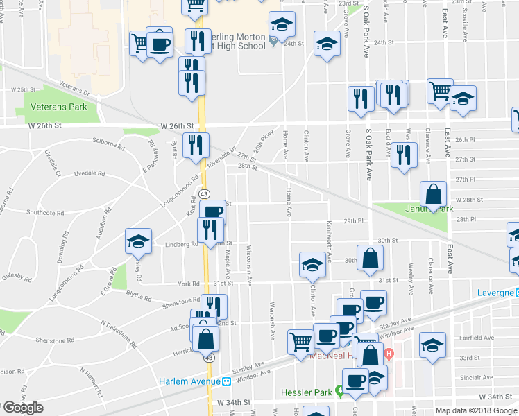 map of restaurants, bars, coffee shops, grocery stores, and more near 7040 29th Street in Berwyn