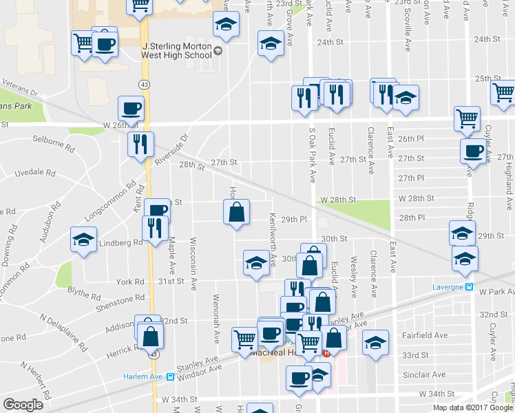 map of restaurants, bars, coffee shops, grocery stores, and more near 6920 29th Street in Berwyn