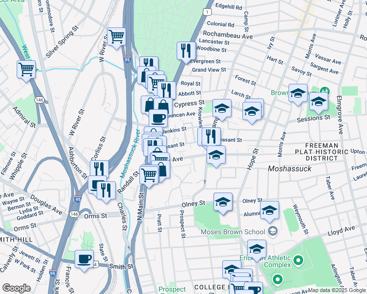 map of restaurants, bars, coffee shops, grocery stores, and more near 75 Pleasant Street in Providence