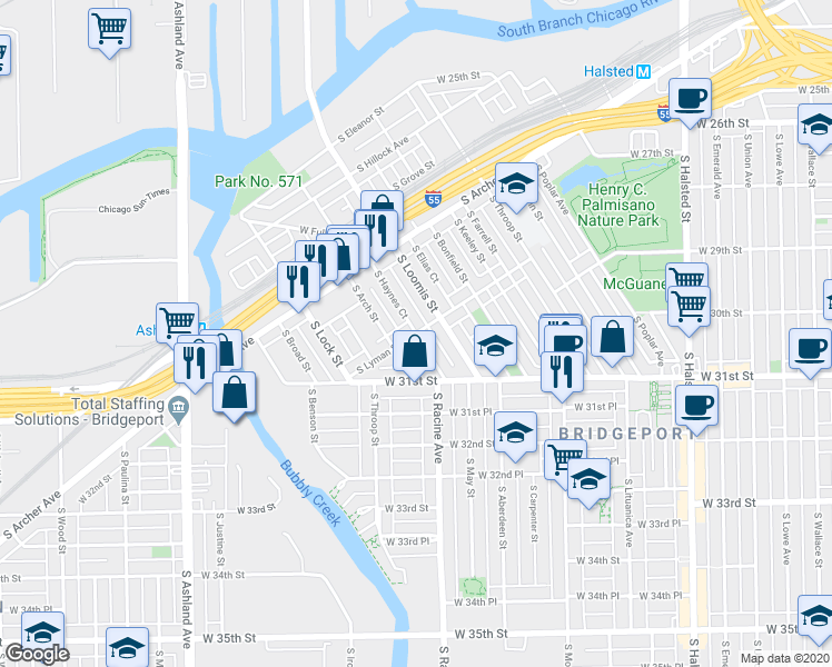 map of restaurants, bars, coffee shops, grocery stores, and more near S Lyman St & S Haynes Ct in Chicago