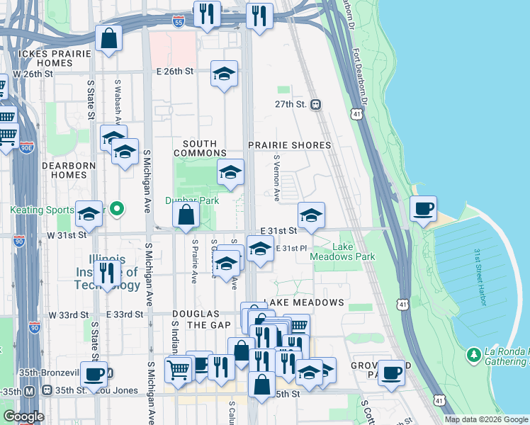map of restaurants, bars, coffee shops, grocery stores, and more near 3001 South King Drive in Chicago