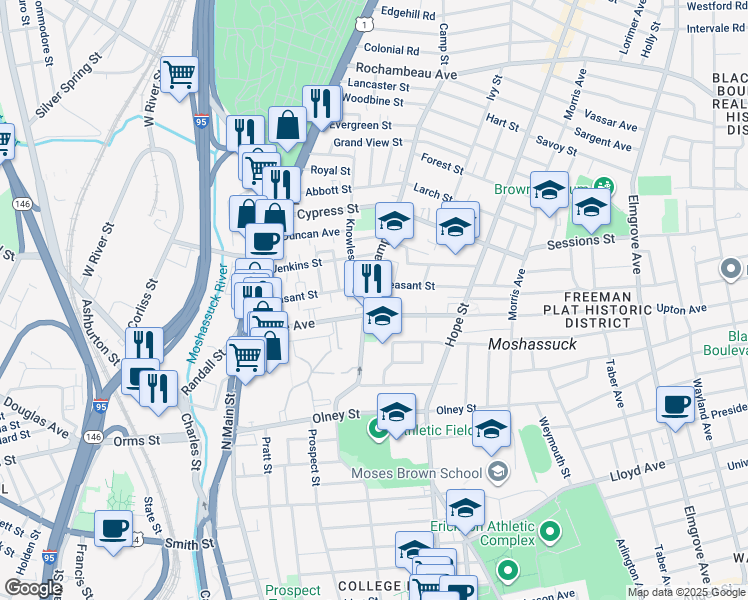 map of restaurants, bars, coffee shops, grocery stores, and more near 127 Pleasant Street in Providence