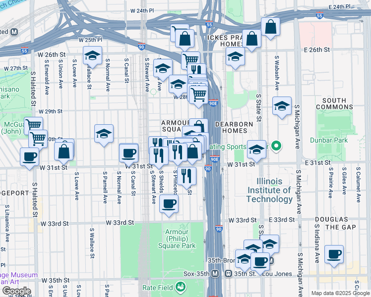 map of restaurants, bars, coffee shops, grocery stores, and more near 3002 South Wells Street in Chicago