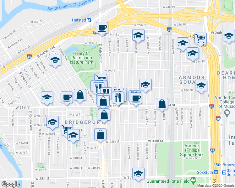 map of restaurants, bars, coffee shops, grocery stores, and more near 3013 South Union Avenue in Chicago