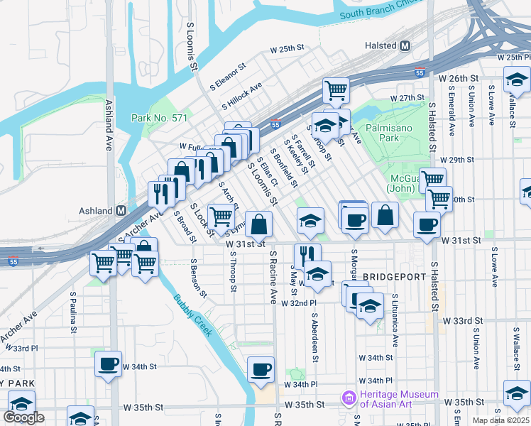 map of restaurants, bars, coffee shops, grocery stores, and more near 2979 South Haynes Court in Chicago