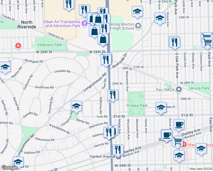 map of restaurants, bars, coffee shops, grocery stores, and more near 508 Kent Road in Riverside