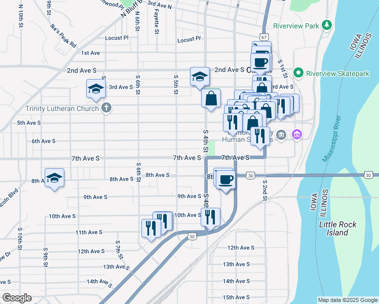 map of restaurants, bars, coffee shops, grocery stores, and more near 600-698 South 5th Street in Clinton