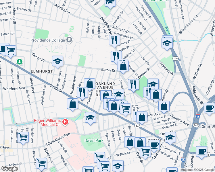 map of restaurants, bars, coffee shops, grocery stores, and more near 183 Oakland Avenue in Providence