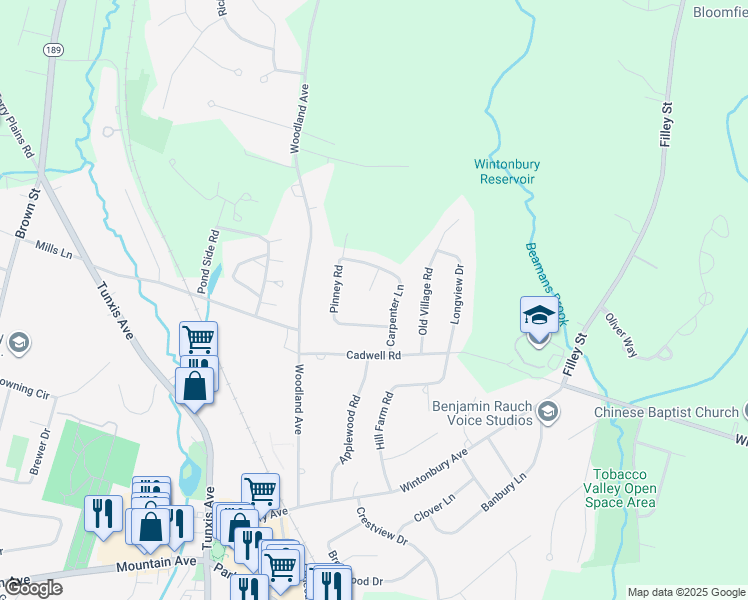 map of restaurants, bars, coffee shops, grocery stores, and more near 5 Greenmeadow Drive in Bloomfield