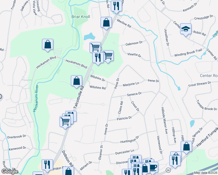 map of restaurants, bars, coffee shops, grocery stores, and more near 117 Irene Drive in Vernon
