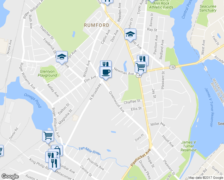 map of restaurants, bars, coffee shops, grocery stores, and more near 175 Greenwood Ave in East Providence