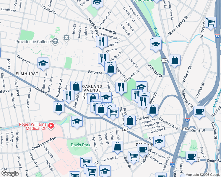 map of restaurants, bars, coffee shops, grocery stores, and more near 149 Camden Avenue in Providence