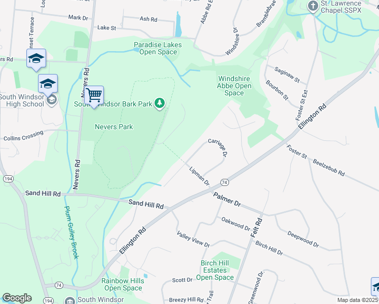 map of restaurants, bars, coffee shops, grocery stores, and more near 164 Carriage Drive in South Windsor