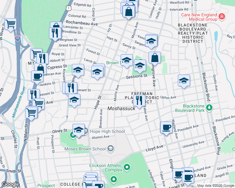 map of restaurants, bars, coffee shops, grocery stores, and more near 18 Emeline Street in Providence