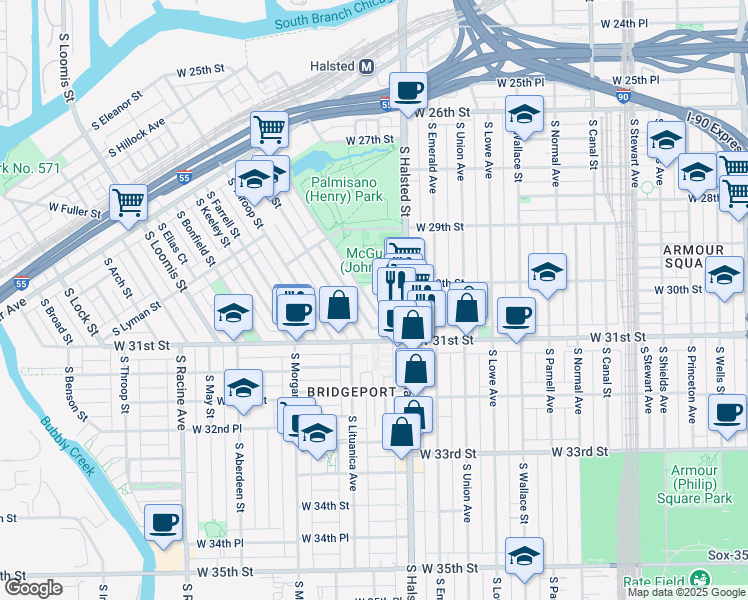 map of restaurants, bars, coffee shops, grocery stores, and more near 3025 South Poplar Avenue in Chicago