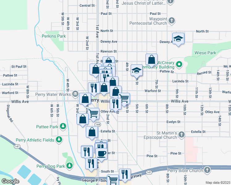map of restaurants, bars, coffee shops, grocery stores, and more near 1219 Warford Street in Perry