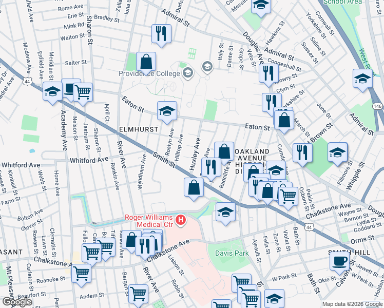 map of restaurants, bars, coffee shops, grocery stores, and more near 50 Huxley Avenue in Providence