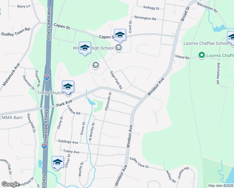 map of restaurants, bars, coffee shops, grocery stores, and more near 75 Park Avenue in Windsor