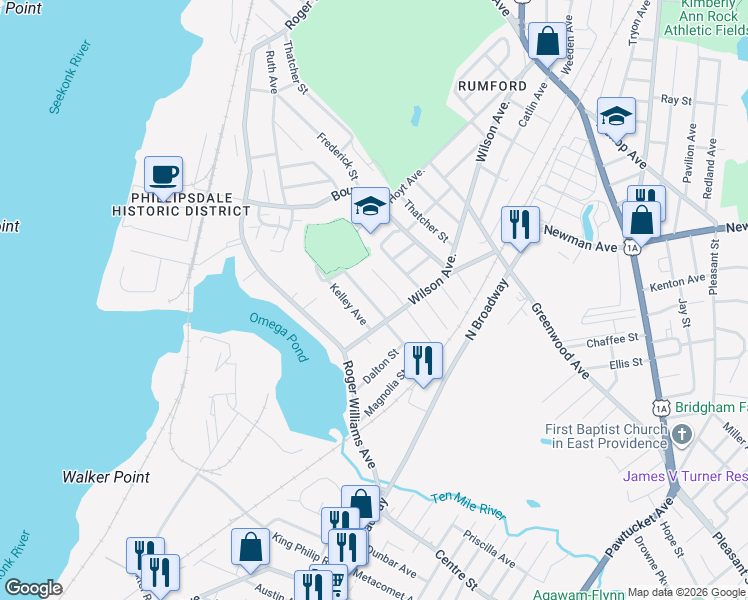 map of restaurants, bars, coffee shops, grocery stores, and more near 85 Washburn Avenue in East Providence