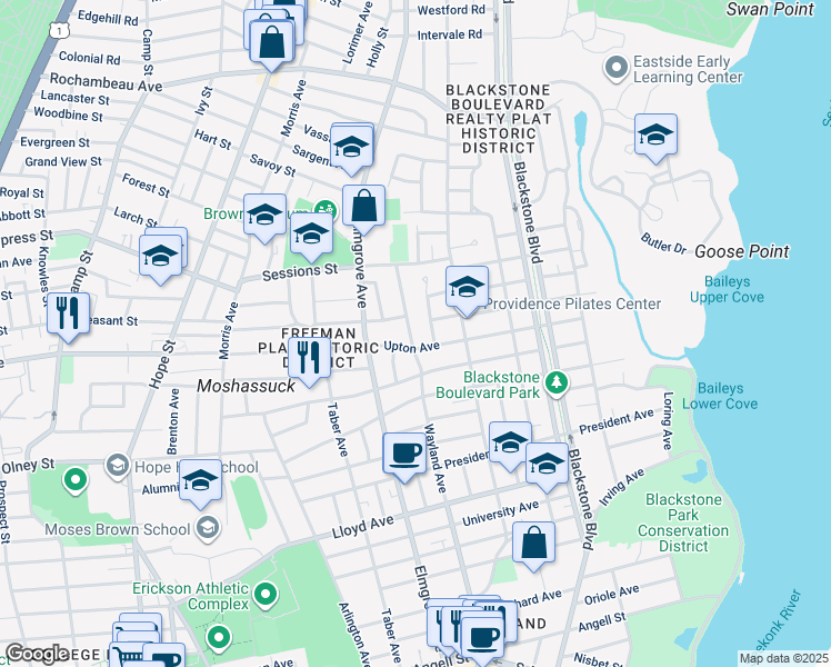 map of restaurants, bars, coffee shops, grocery stores, and more near 509 Wayland Avenue in Providence