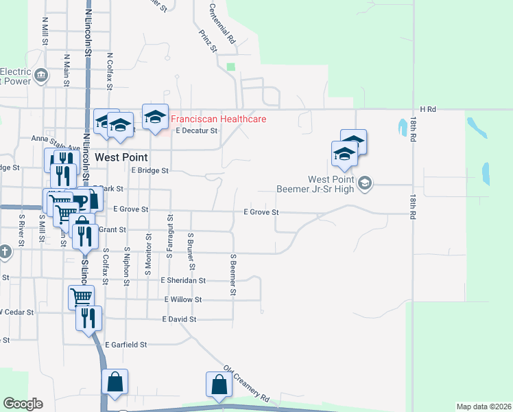 map of restaurants, bars, coffee shops, grocery stores, and more near 940 Beemer Circle in West Point