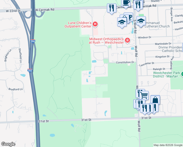 map of restaurants, bars, coffee shops, grocery stores, and more near 11520 Burton Court in Westchester