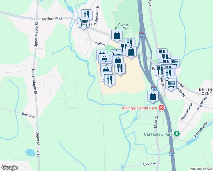 map of restaurants, bars, coffee shops, grocery stores, and more near 2177 Killingly Commons Drive in Killingly