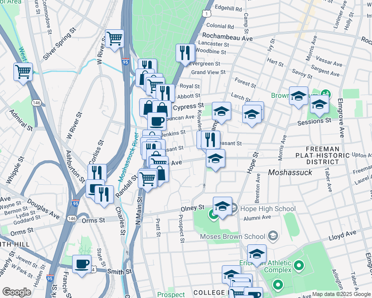 map of restaurants, bars, coffee shops, grocery stores, and more near 85 Pleasant Street in Providence
