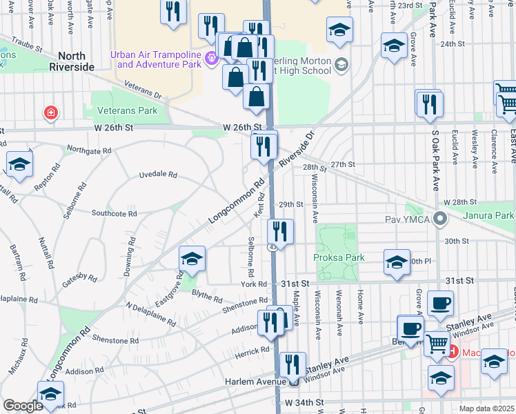map of restaurants, bars, coffee shops, grocery stores, and more near 508 Kent Road in Riverside