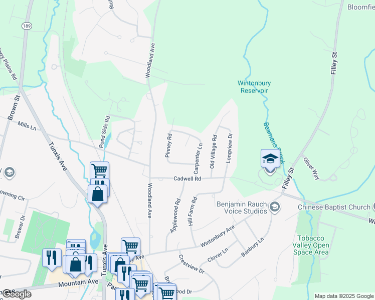 map of restaurants, bars, coffee shops, grocery stores, and more near 5 Greenmeadow Drive in Bloomfield