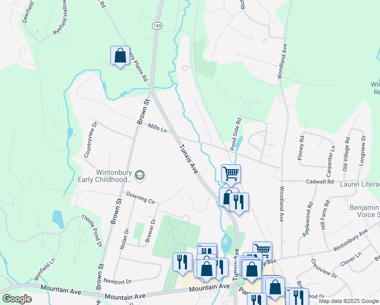map of restaurants, bars, coffee shops, grocery stores, and more near 98 Tunxis Avenue in Bloomfield