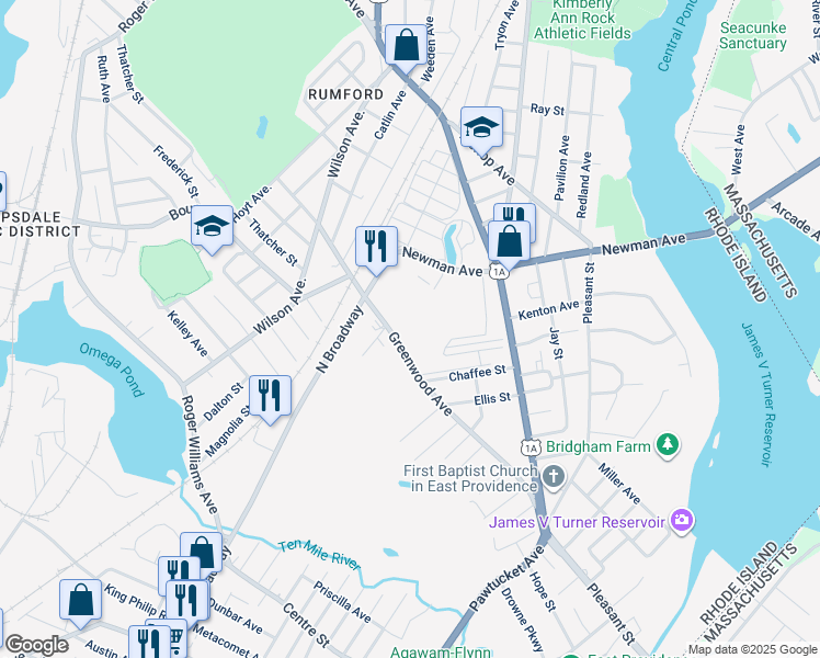 map of restaurants, bars, coffee shops, grocery stores, and more near 175 Greenwood Ave in East Providence