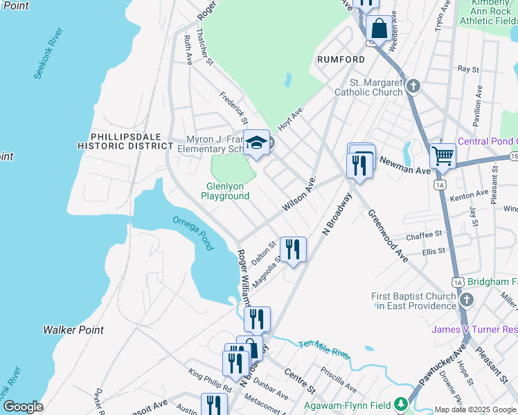map of restaurants, bars, coffee shops, grocery stores, and more near 85 Washburn Avenue in East Providence