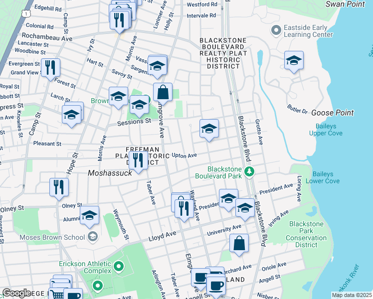 map of restaurants, bars, coffee shops, grocery stores, and more near 167 Emeline Street in Providence