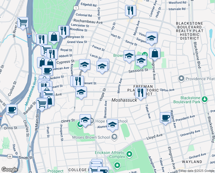 map of restaurants, bars, coffee shops, grocery stores, and more near 480 Hope Street in Providence