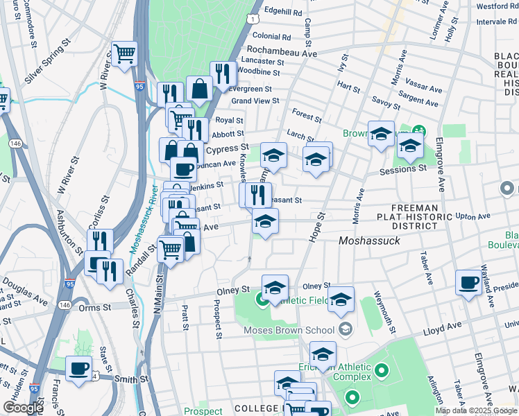 map of restaurants, bars, coffee shops, grocery stores, and more near 127 Pleasant Street in Providence