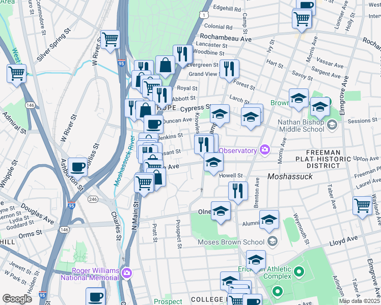 map of restaurants, bars, coffee shops, grocery stores, and more near 85 Pleasant Street in Providence